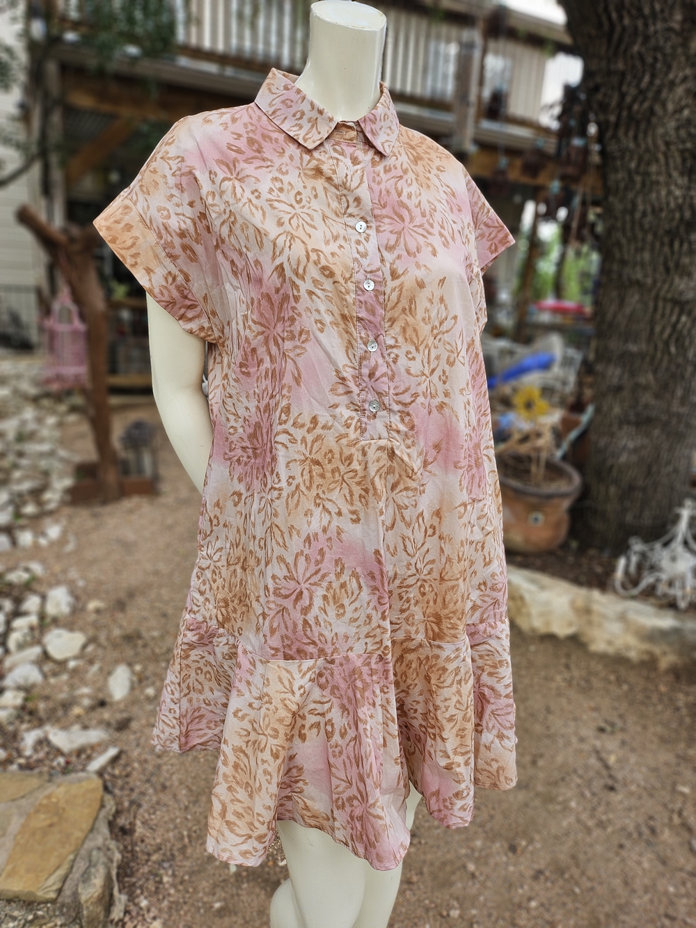 entro Pink & Tan Floral Leopard Cotton Short-Sleeve Button-Front Mini Dress M